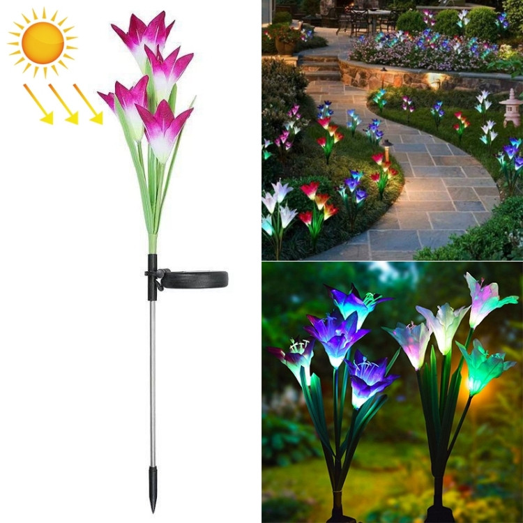 Simulated Lily Flower 4 Heads Solar Powered Outdoor IP55 Waterproof LED Decorative Lawn Lamp, BLED0990WV