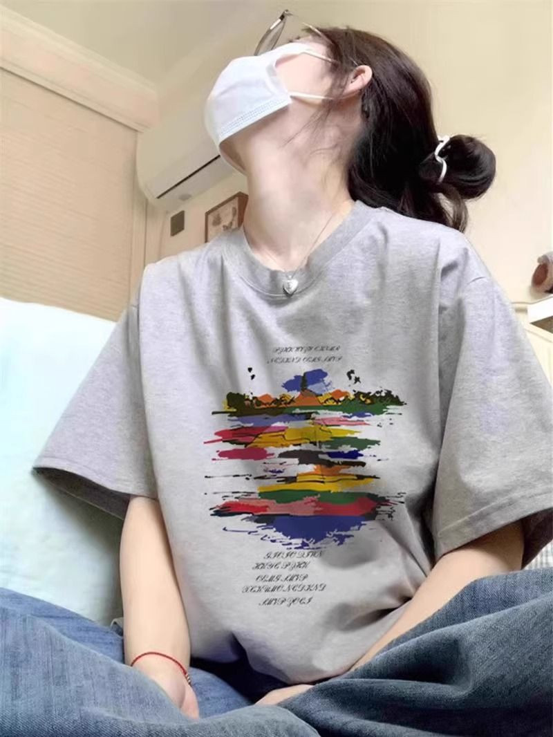 Pure cotton short-sleeved t-shirts, loose Korean style new mid-length short-sleeved tops, trendy ins style