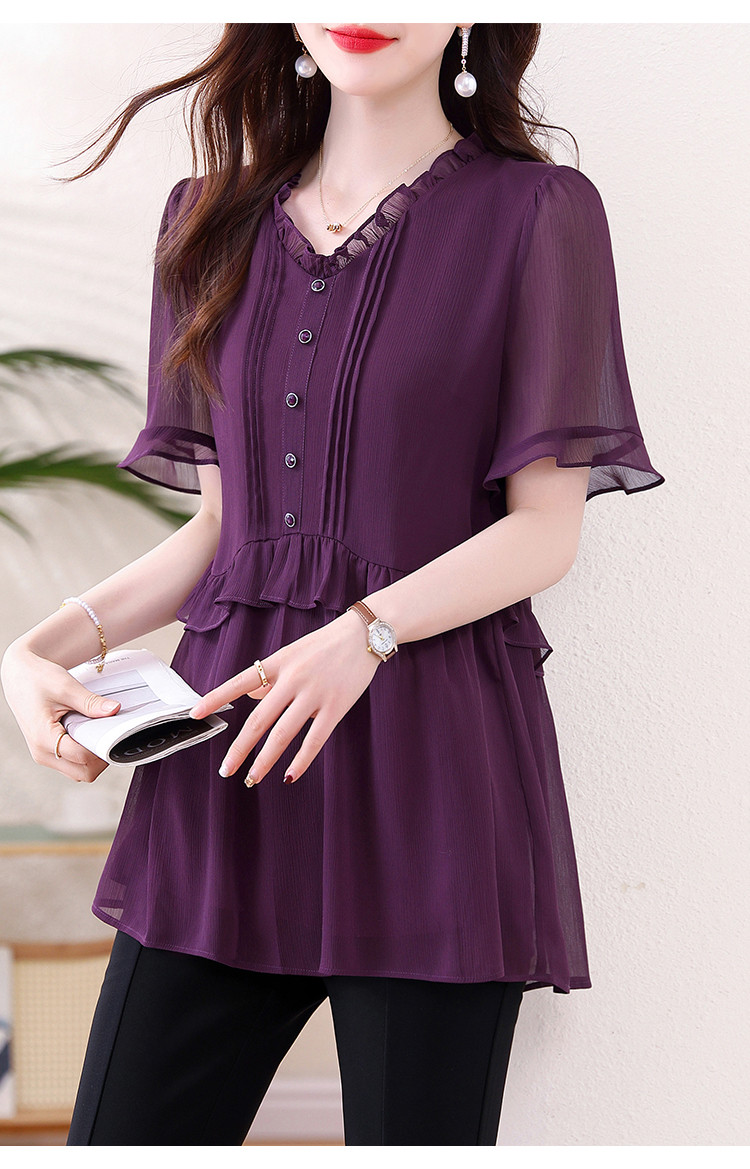 V-Neck Ruffled Trim Chiffon Top for Chubby Girls
