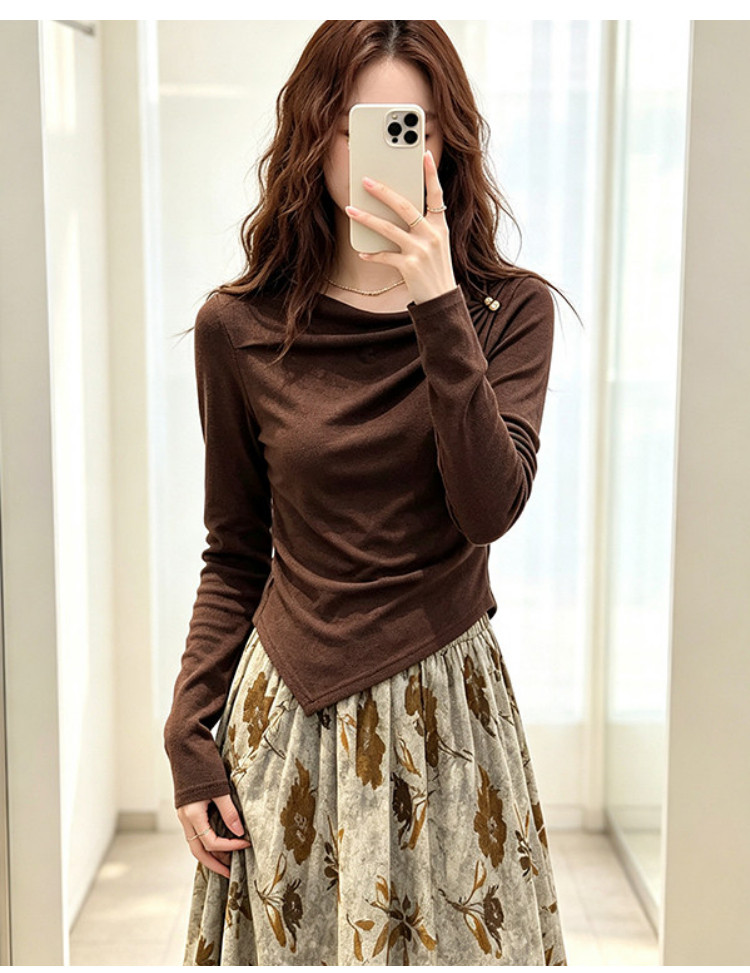 Style High-End Irregular Long-Sleeved Top and Printed Skirt Two-Piece Set