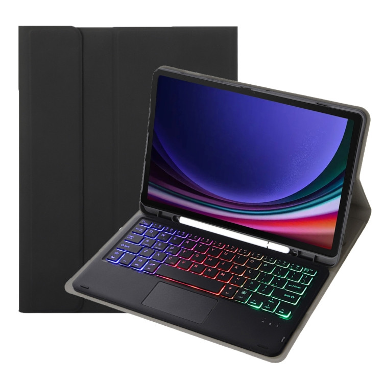 For Samsung Galaxy Tab S9 FE / 10 FE Candy Color Touch Backlight Bluetooth Keyboard Leather Tablet Case with Pen Holder(Black) DEDA005196302AG