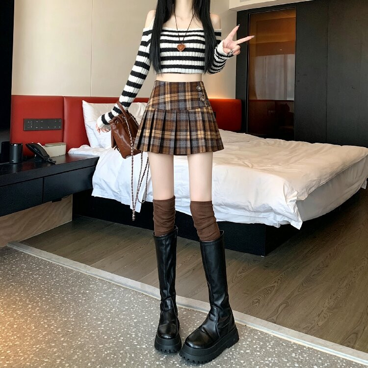 Autumn/Winter Retro A-line Plaid Woolen Pleated Midi Skirt, Petite and Sexy Style