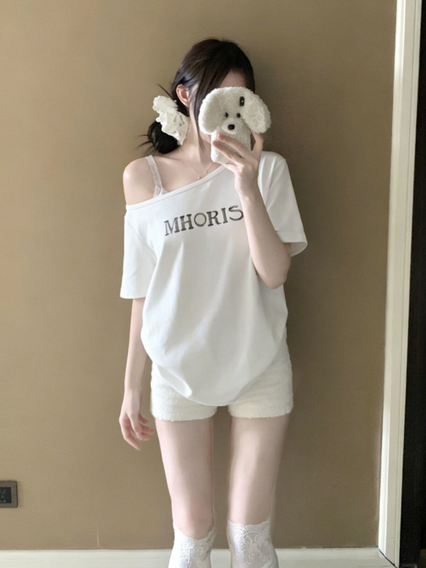 Cotton American Style Hot Girl Off-Shoulder Letter Print Short-Sleeve T-Shirt for Women FFA56976R