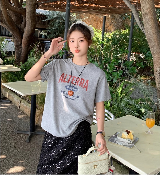 Pure cotton short-sleeved t-shirts, loose Korean style new mid-length short-sleeved tops, trendy ins style