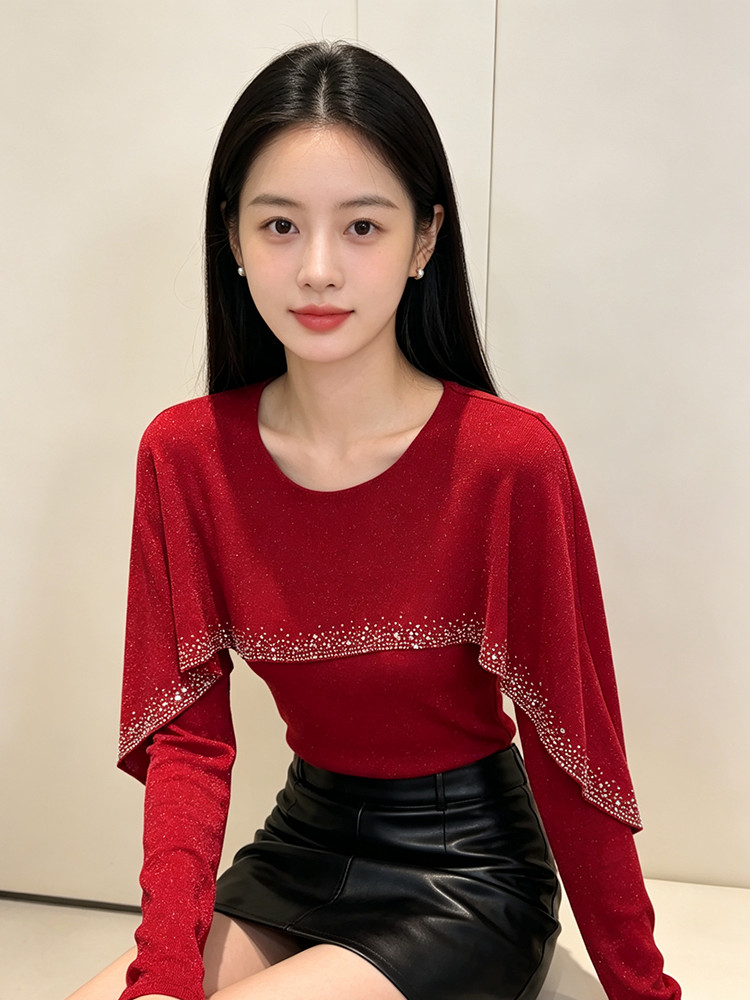 Ruffled Patchwork Long Sleeve Top, Elegant and Slimming T-Shirt