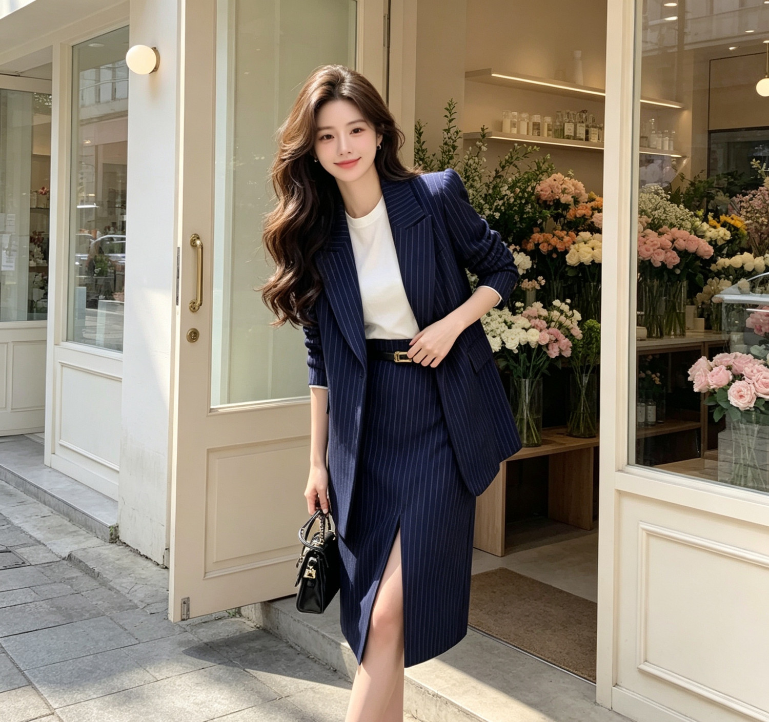 Korean style autumn elegant outfit, high-end goddess look, capable temperament, important occasion blue striped two-piece suit