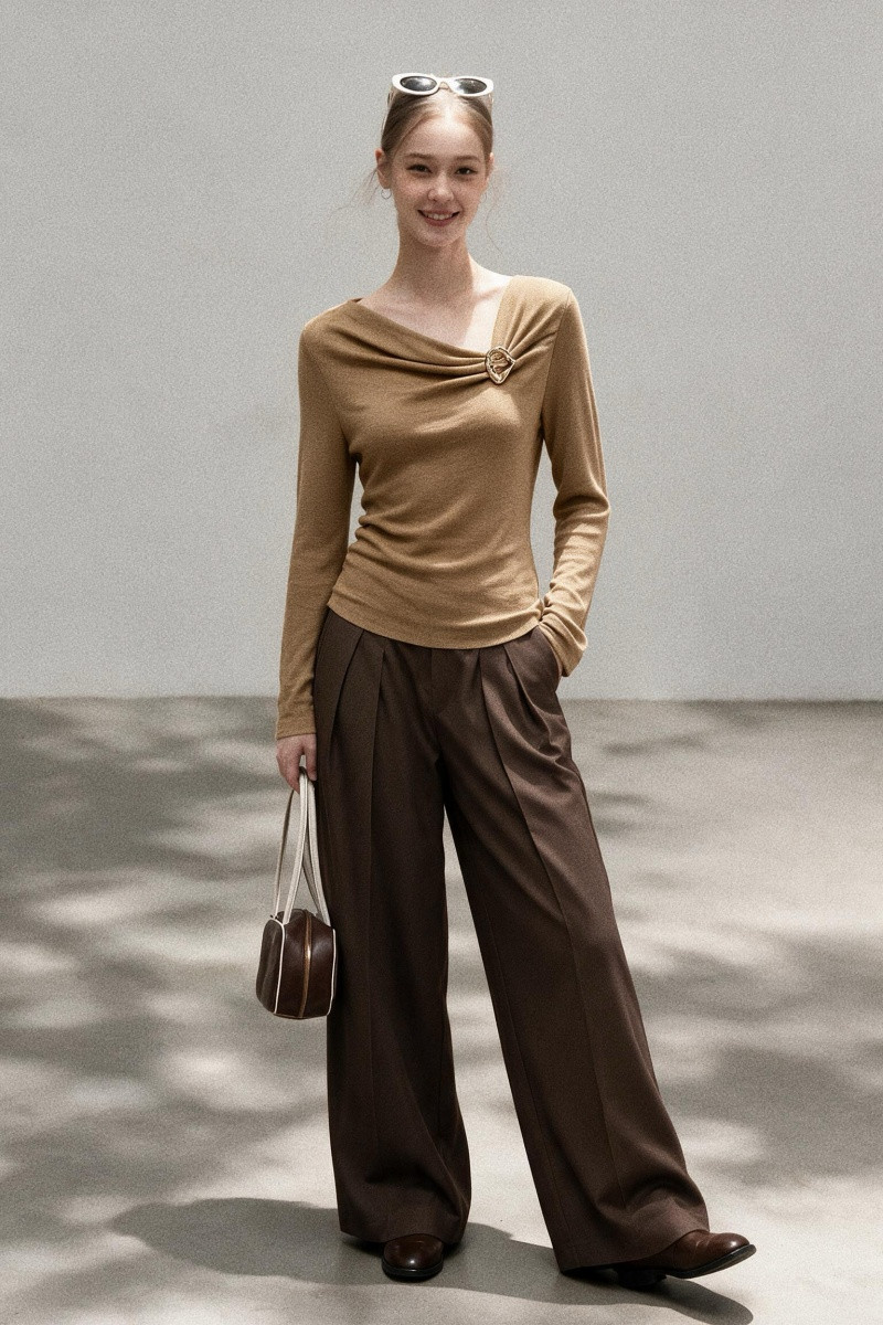 Slimming Metal Buckle Twist Collar Slim Fit Long Sleeve Knitwear Women's Clothing