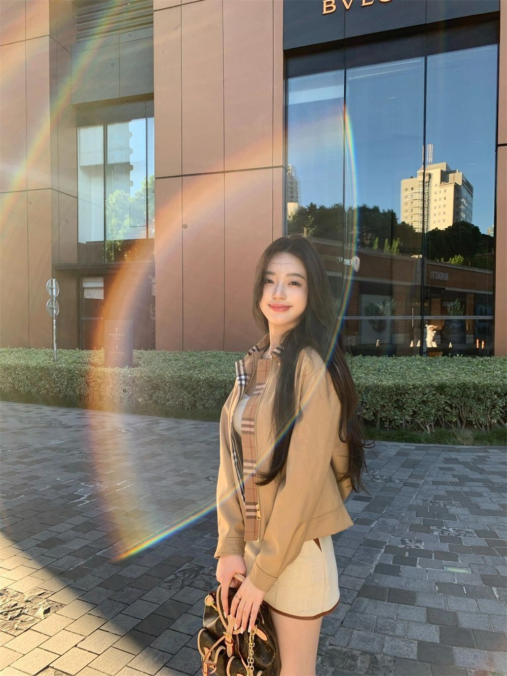Tokyo Sunset Custom Khaki Plaid Trench Coat Jacket High-End Short French Style Top