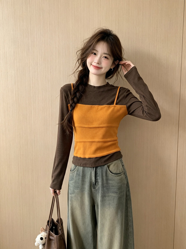 Korean Style Ruffled Trim Two-Piece Women's Autumn New Layered Long-Sleeved Base Layer Top Slim Fit Faux Two-Piece Clothin