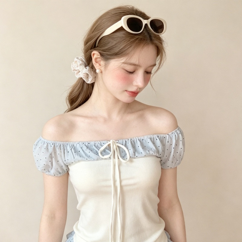 Blue patchwork lace fishbone off-shoulder blouse for women
