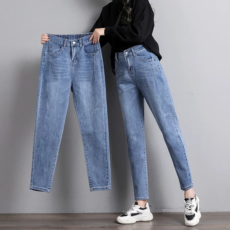 women's harem jeans, high-waisted, loose fit, slimming, plus size, autumn style, dad style carrot pants