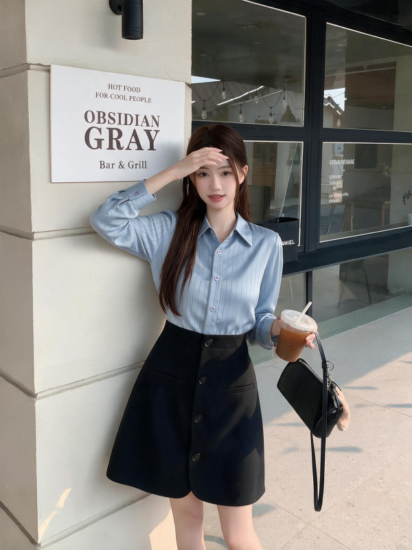 Faux Two-Piece French Blue Striped Patchwork Dress