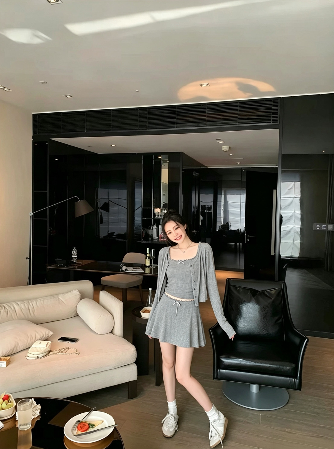 niche sexy pure korean and alluring three-piece knitted long-sleeved cardigan slim-fit camisole A-line skirt suit