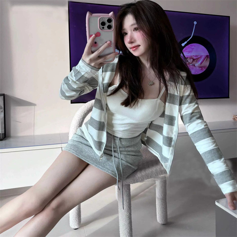 Korean Autumn Style Elegant Simple Fashionable Versatile Zipper Slim Fit Hooded Top Striped Long Sleeve Jacket T-Shirt Women