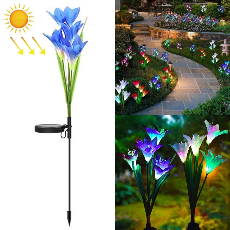 Simulated Lily Flower 4 Heads Solar Powered Outdoor IP55 Waterproof LED Decorative Lawn Lamp, BLED0990WV