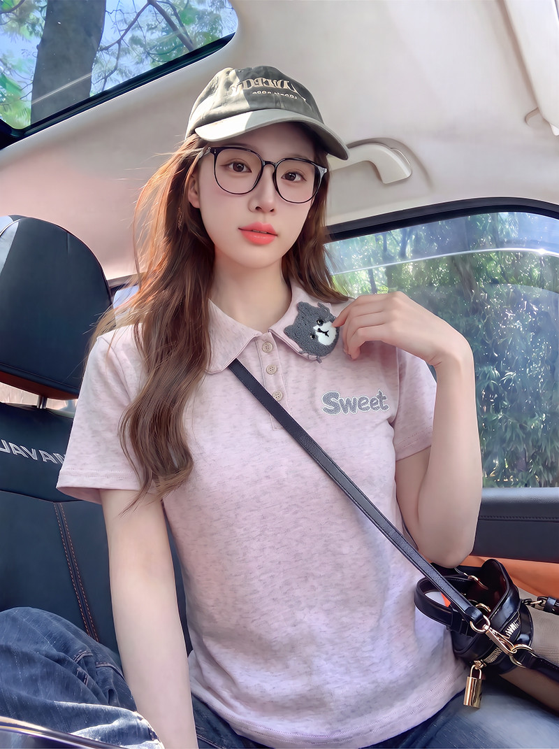 Soft cotton short-sleeved T-shirt, women's summer new style, Korean design, cartoon embroidery, Peter Pan collar top
