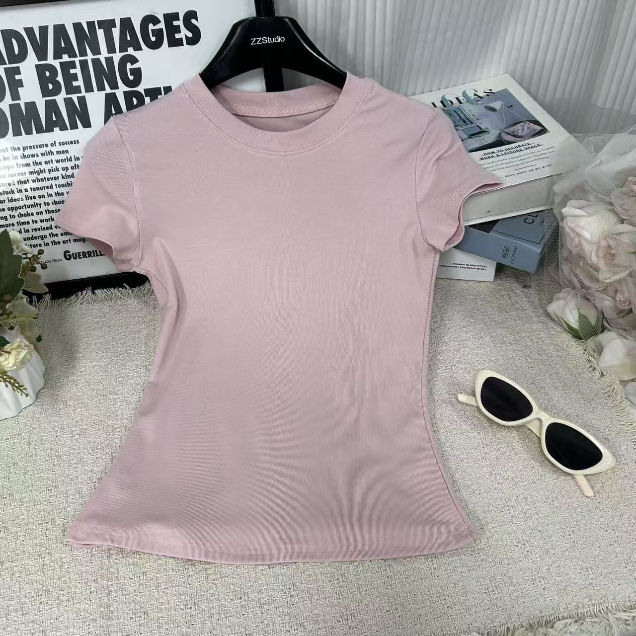 Round Neck T-Shirt Slim Fit Versatile Korean Chic Simple Straight Shoulder Short Sleeve
