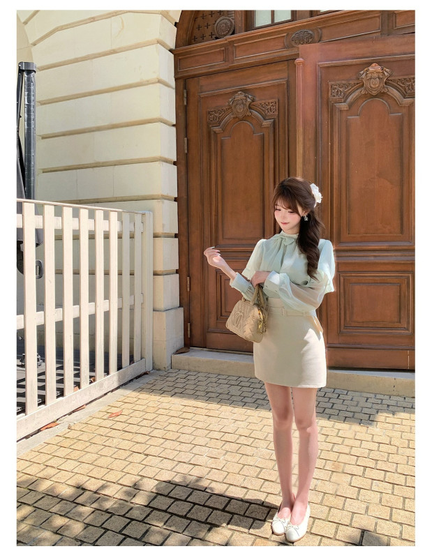 Long-Sleeved Shirt High-Waisted Skirt Two-Piece Set, Sweet Narcissus Sunshine Poetry Collection Elegant Style Bow