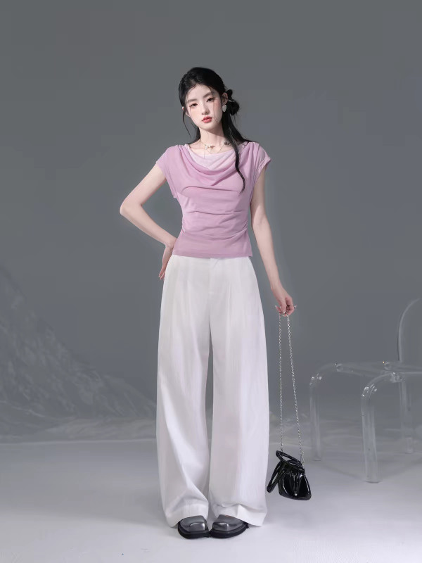Peach Pink Asymmetrical Duffle Neck Knitted Linen Vest Two-Piece Set, Wholesale Women's Clothing EBY29902G