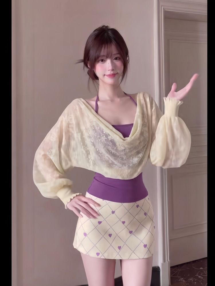 Korean style gentle and elegant long-sleeved lace T-shirt, summer tie-waist slimming sun protection cover-up dress three-piece se