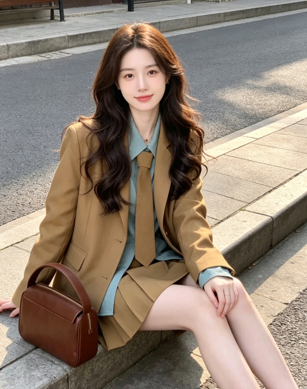 Korean Style Commuter Elegant Suit Skirt Women's Early Autumn Loose Casual Suit Jacket Shirt Pleated Skirt Three-Piece Set