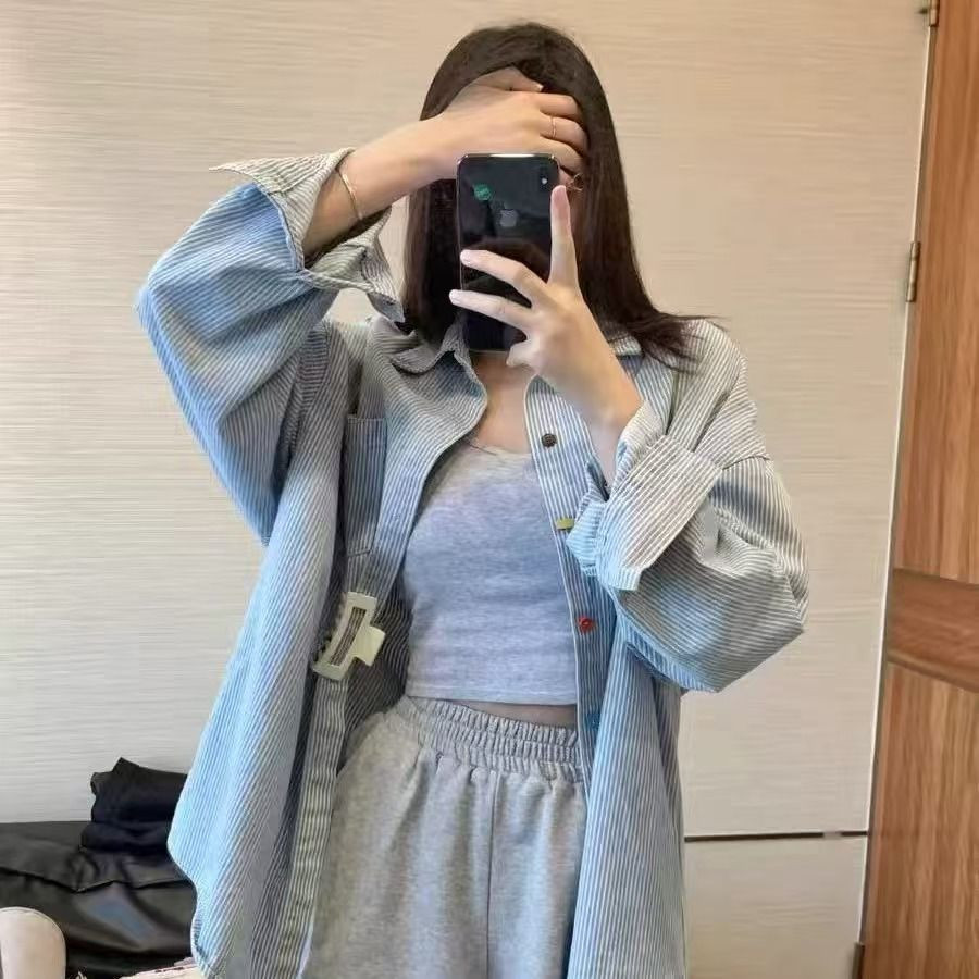 Korean Style Lazy Design Printed Long Sleeve White Simple Shirt Loose Versatile Sun Protection Top