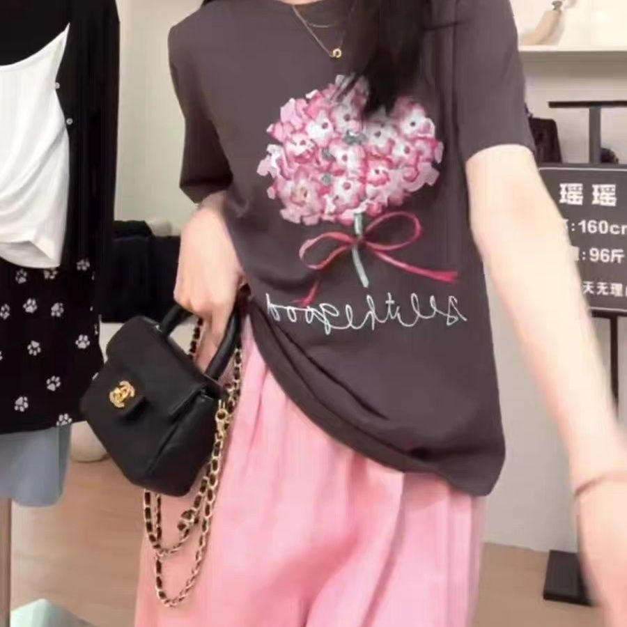 Pure cotton short-sleeved t-shirts, loose Korean style new mid-length short-sleeved tops, trendy ins style