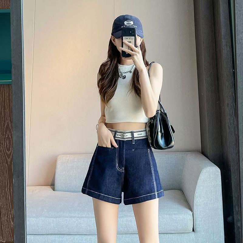 Korean Style Letter Knit High-Waisted A-Line Wide-Leg Loose Fit Sexy Girl Denim Shorts