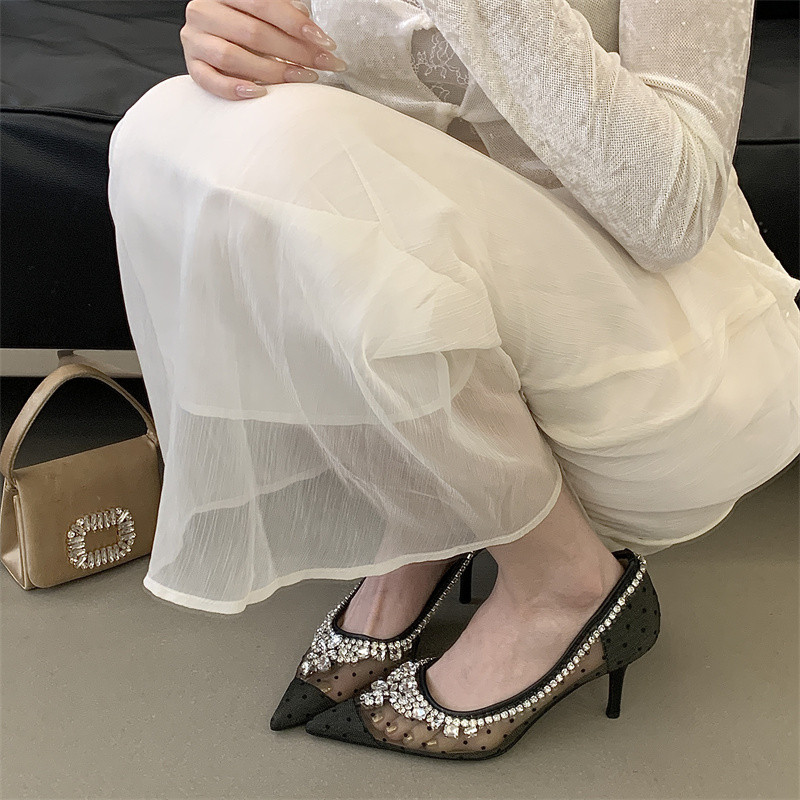 Polka dot mesh high heels, new autumn style, rhinestone pointed toe