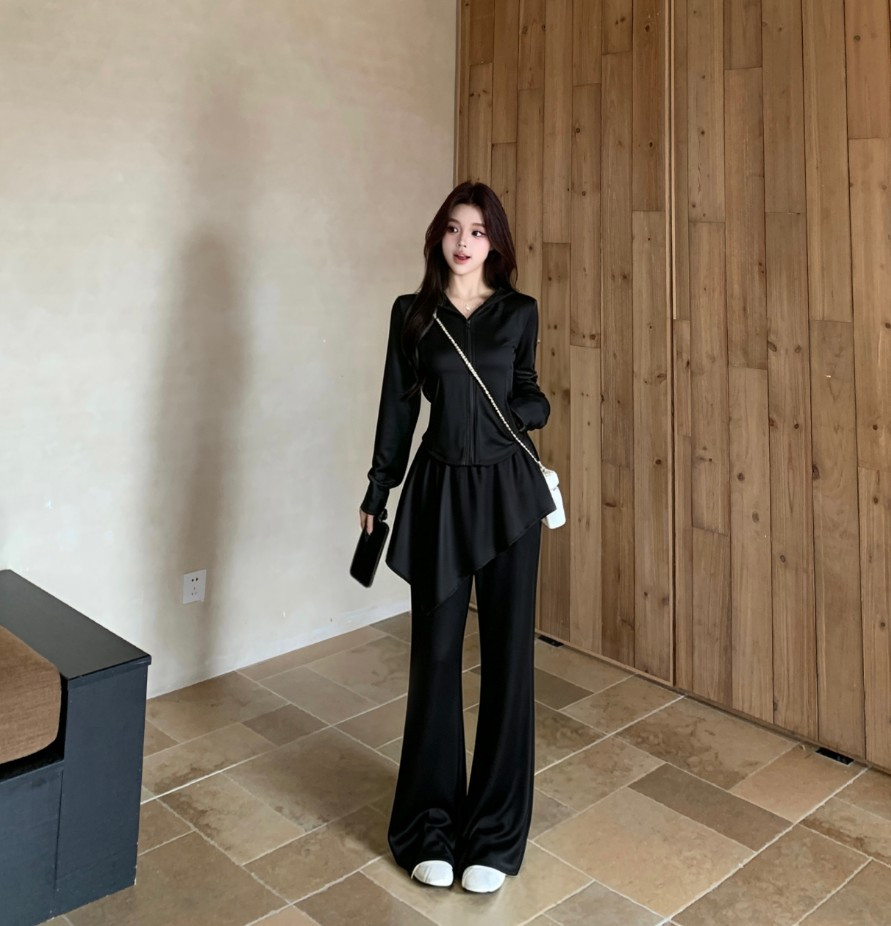 Women's Fashionable and Versatile Hooded Zipper Jacket with Flared Pants Two-Piece Set