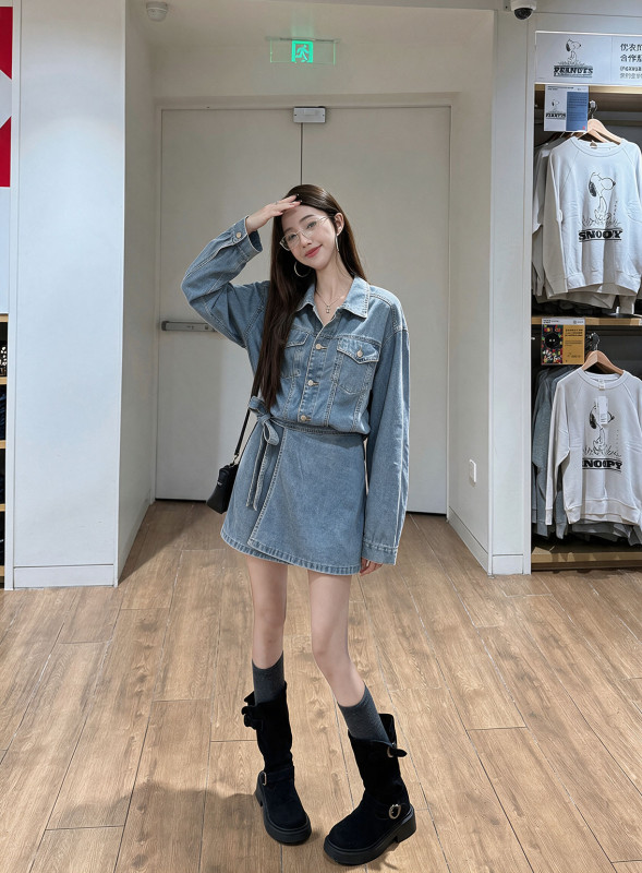 Casual Freestyle Retro Hong Kong Style Lapel Washed Denim Dress, Elegant Slim Waist Clothing
