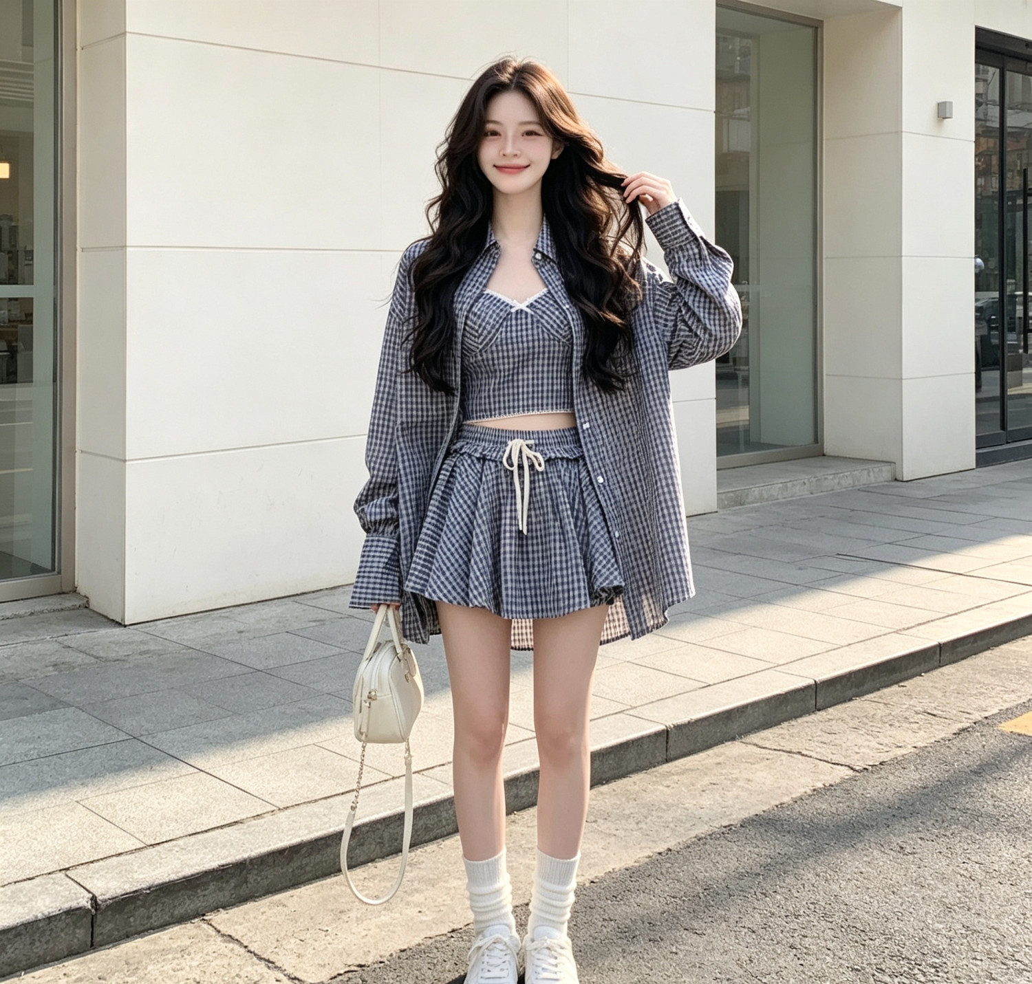 women's summer Korean chic plaid long-sleeved sun-protective shirt, high-waisted short skirt