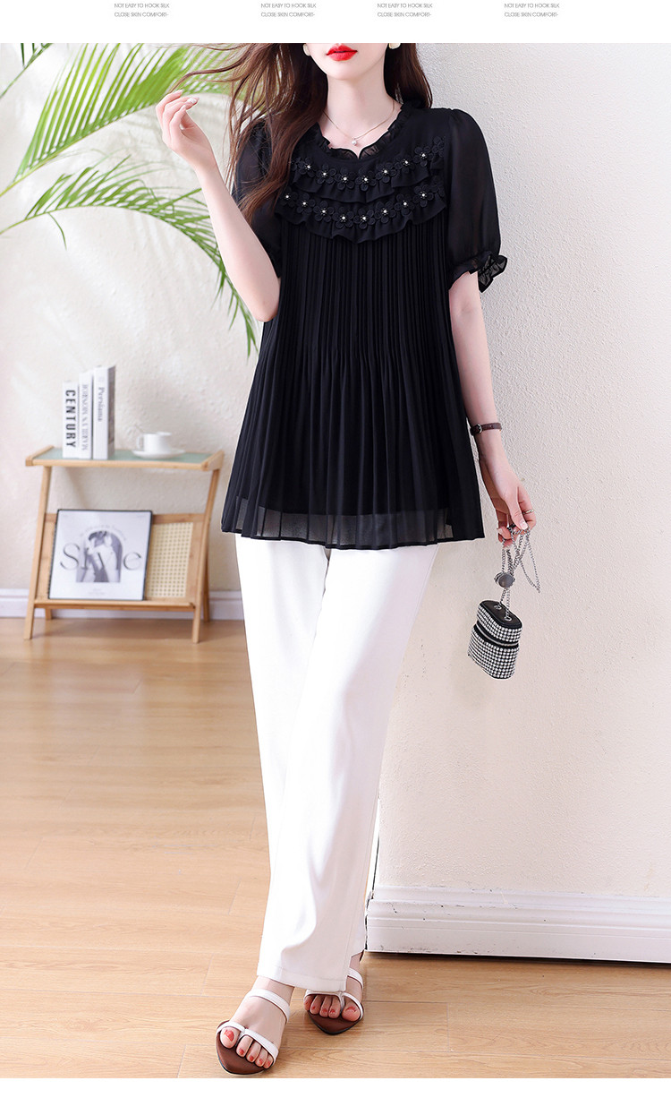 Summer New Style, Round Neck, Pleated, Beaded, 3D Floral, Loose Fit, Slimming, Tummy-Concealing Top