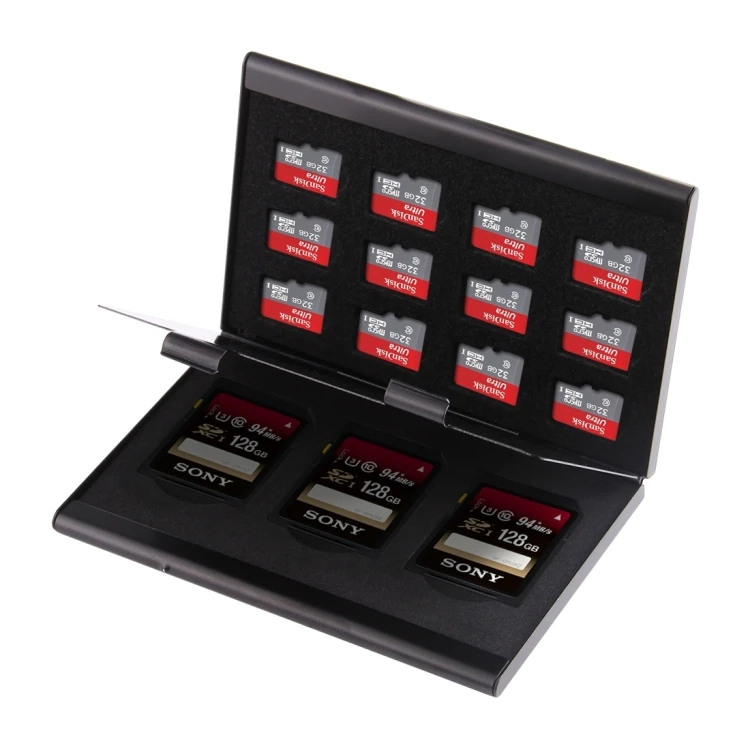 15 in 1 Memory Card Aluminum Alloy Protective Case Box for 3 SD + 12 TF Cards(Black) HS-MC-2020BN