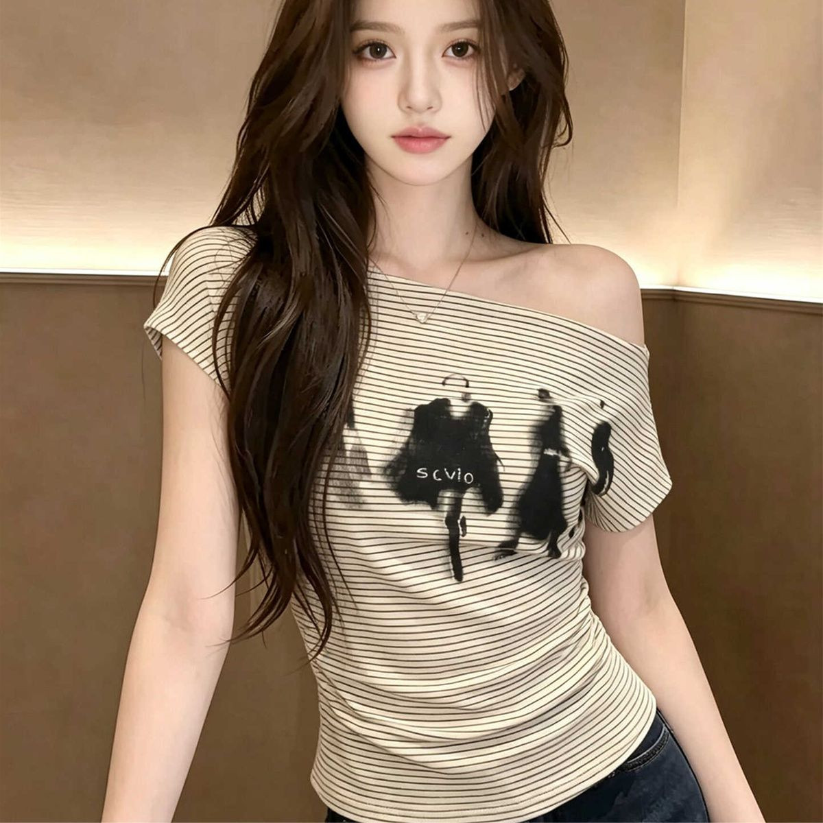 slim fit American striped off-shoulder short-sleeved T-shirt for women