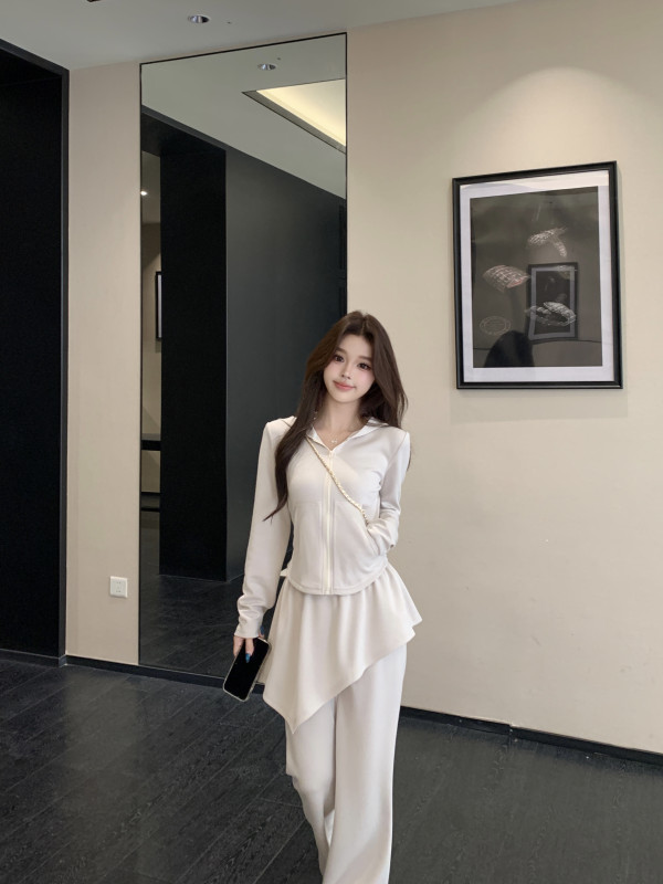 Women's Fashionable and Versatile Hooded Zipper Jacket with Flared Pants Two-Piece Set