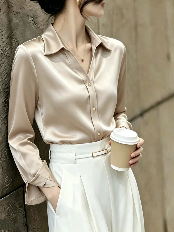 style satin shirt for women, new autumn style, single-breasted with lapel, slimming and unique, suitable for inner wear.