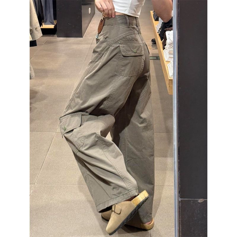 American-style wide-leg cargo pants high-waisted design, slimming, loose, casual, versatile curved trousers
