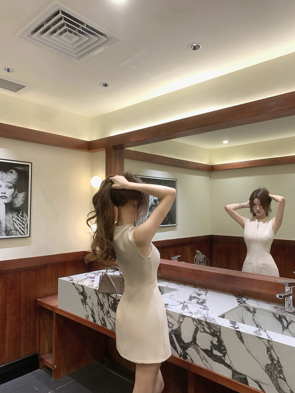 Lotus Root Powder Fairy Style European and American Design Zipper Dress Slimming Waist Bodycon Dress