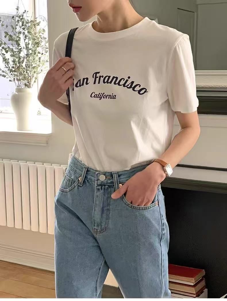 Pure cotton short-sleeved t-shirts, loose Korean style new mid-length short-sleeved tops, trendy ins style