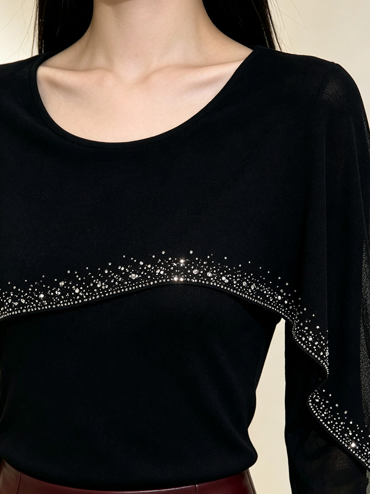 Ruffled Patchwork Long Sleeve Top, Elegant and Slimming T-Shirt