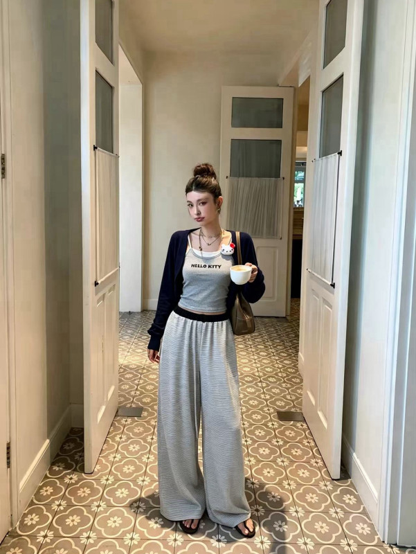 Knitted Cardigan + Kitty Cat Padded Tank Top + Striped Straight Leg Casual Pants