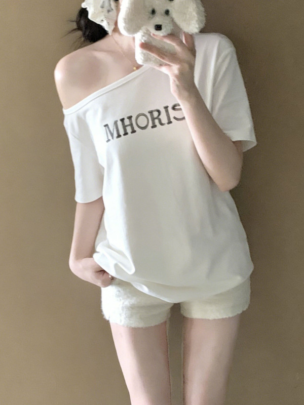 American Style Hot Girl Off-Shoulder Letter Print Short-Sleeve T-Shirt for Women