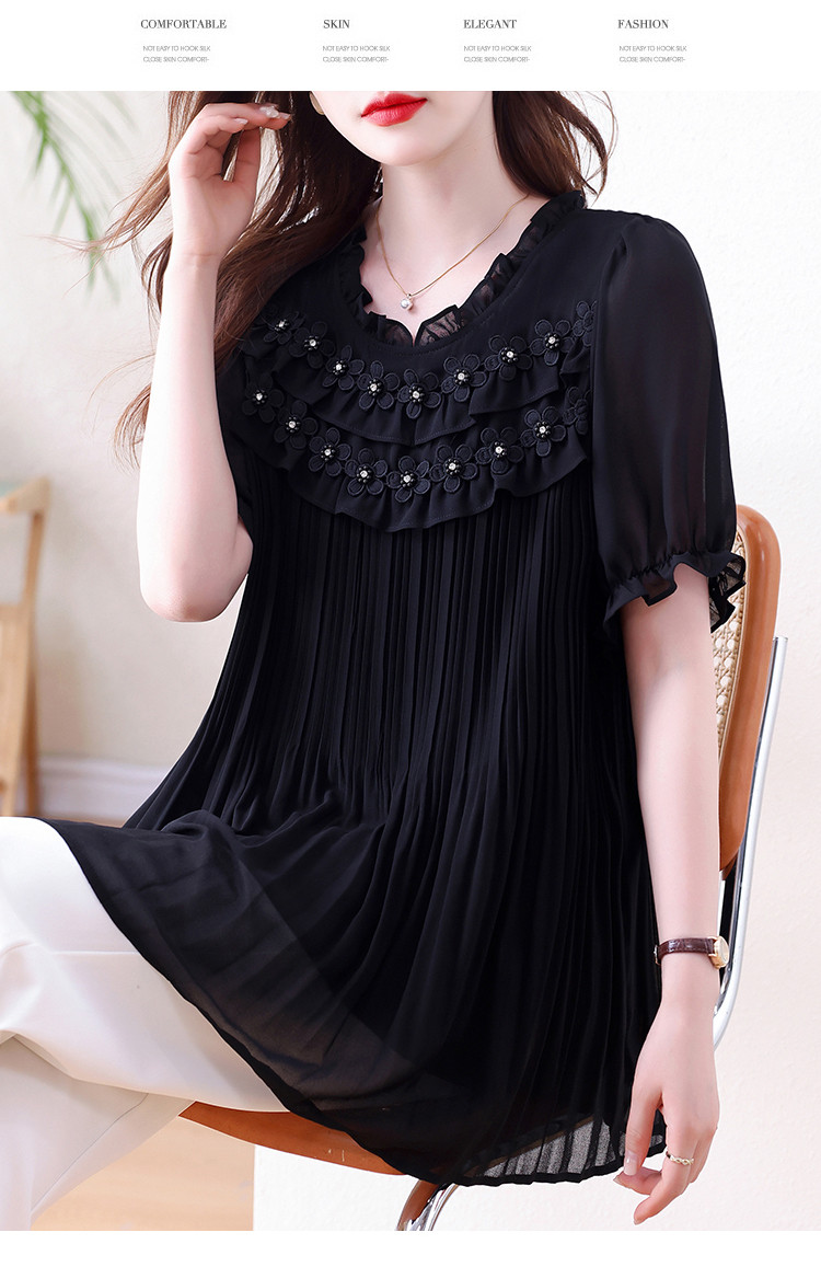 Summer New Style, Round Neck, Pleated, Beaded, 3D Floral, Loose Fit, Slimming, Tummy-Concealing Top