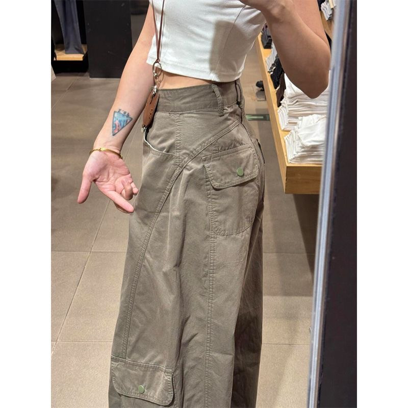 American-style wide-leg cargo pants high-waisted design, slimming, loose, casual, versatile curved trousers