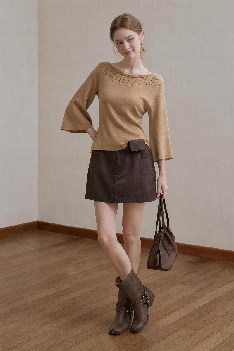 French Style Off-Shoulder Lace Hollow-Out Slimming Three-Quarter Flared Sleeve Knitted Top