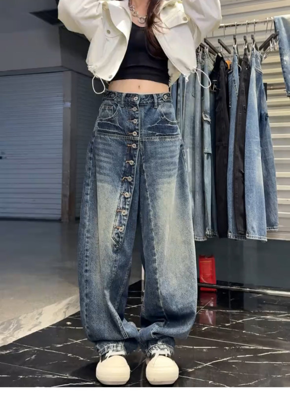 American Style Button-Up Embroidered Wide Leg Straight Pants
