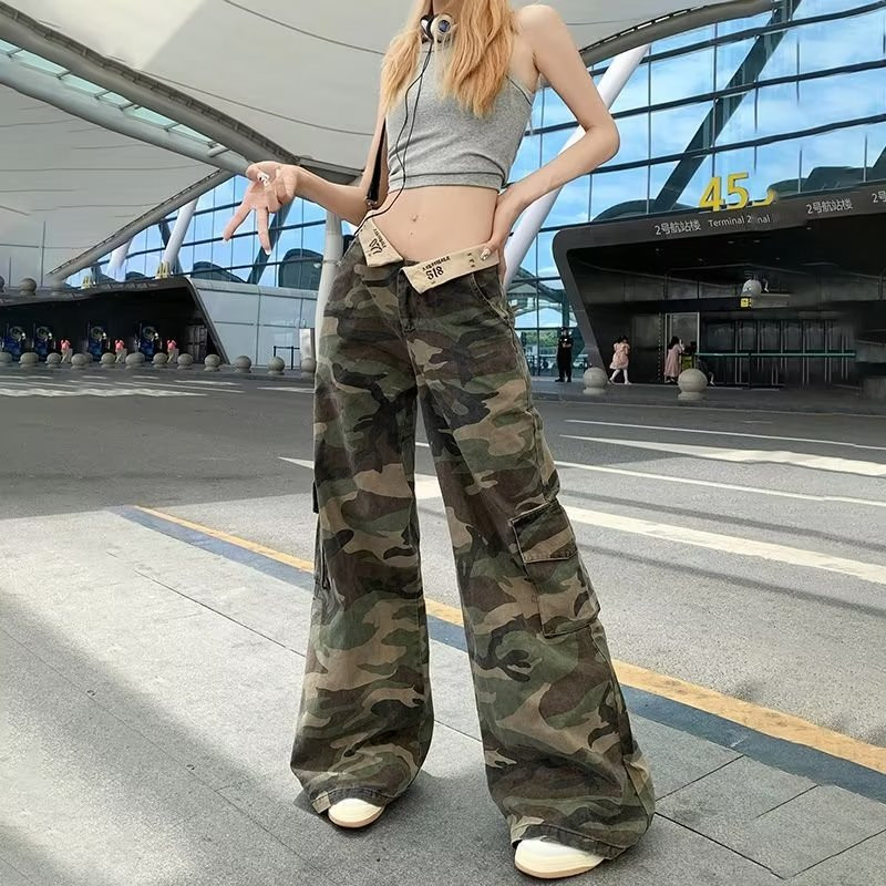 Spring New American Retro Low-Waisted Cuffed Camouflage Wide-Leg Jeans