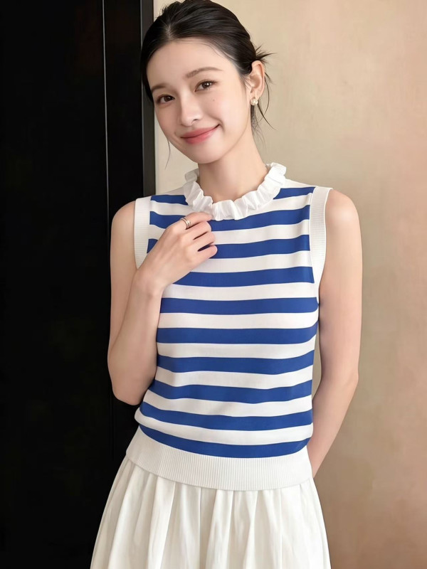 Striped Ruffled Sleeveless Camisole Vest for Women, Summer Outerwear, Stylish Slim Fit Short Top
