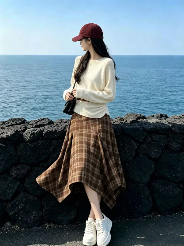 Sichuan-Western Grassland Xinjiang Tourism Wasteland Style Hot Girl Irregular Half Skirt Women's Autumn Outfit Set